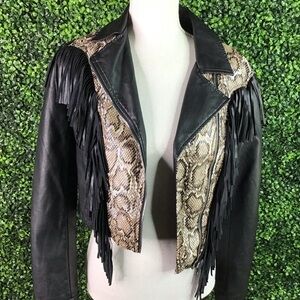 Faux‎ leather fringe faux snake skin jacket nwt